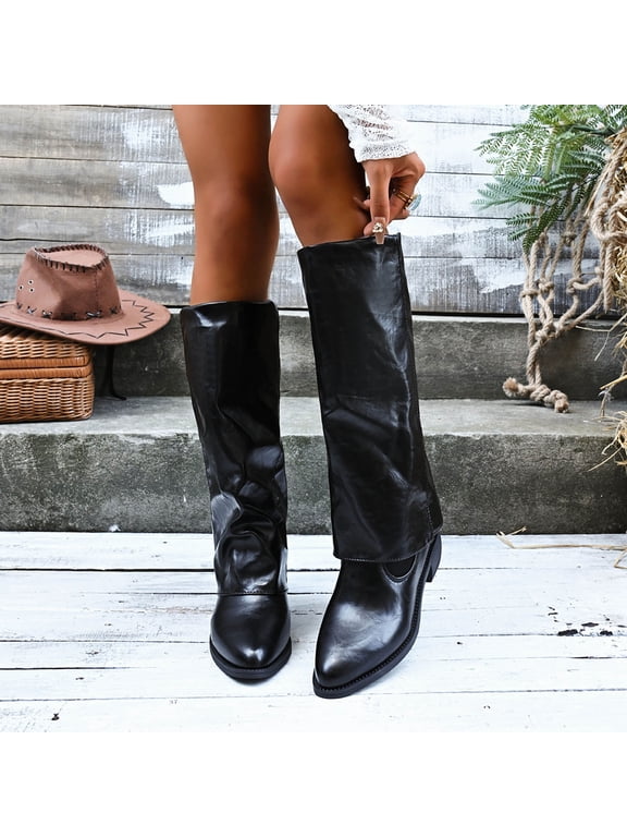 Women's Slouchy Mid Calf Boots Pointed Toe Chunky Heel Faux Leather Boots