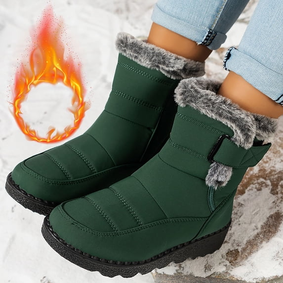 OKBOP Women's Winter Boots Mid-Calf Zip-Up Faux Fur Trim Insulated Chunky Sole Round Toe Low Heel Warm 36