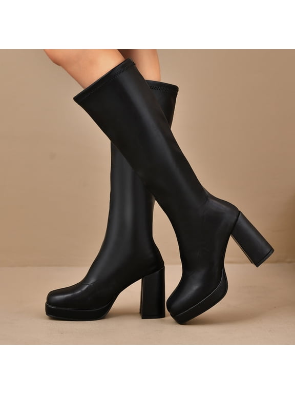 Women's Square Toe Platform Boots Chunky High Heel Pull On Knee High Boots