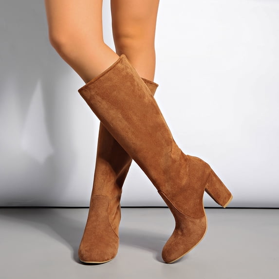 OKBOP Women's Suede Knee High Boots Chunky Heel Round Toe Classic Tall Boots