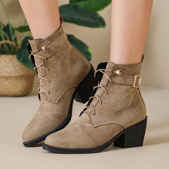 OKBOP Women's Tan Lace-Up Boots Round Toe Block Heel Memory Foam Khaki Stylish Women's Boots Sizes 36