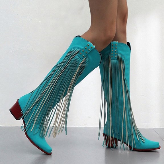 OKBOP Women's Turquoise Fringe Western Boots Knee High Studded Cowgirl Boots