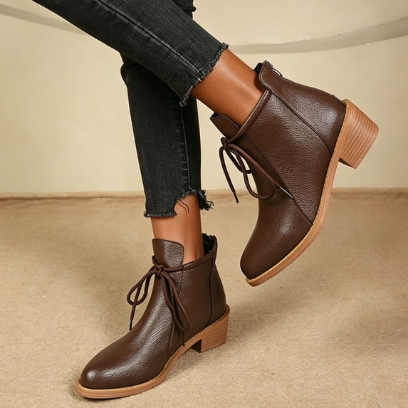 OKBOP Women's Walking Boots Round Toe Lace-Up Foam Cushioning Block Heel Brown Stylish Women's Boots Sizes 38
