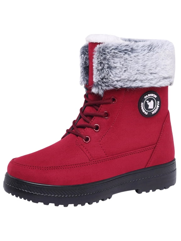 Women's Waterproof Winter Boots Mid Calf Fur Lined Snow Boots Lace-Up Red Winter Boots Sizes 36