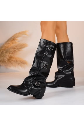 Women's Wedge Boots Faux Suede Slouch Buckle Knee-High Mid Heel Fall