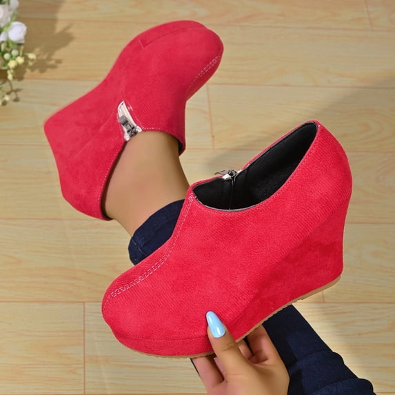 OKBOP Women's Wedge Boots Side Zip Round Toe Stability Foam Cushioning Red Stylish Women's Boots Sizes 40