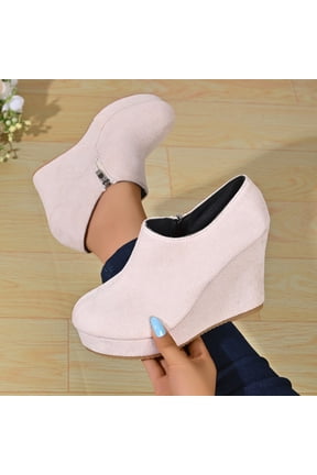 Women's Wedge Boots Side Zip Round Toe Stability Foam Cushioning Beige Stylish Women's Boots Sizes 36