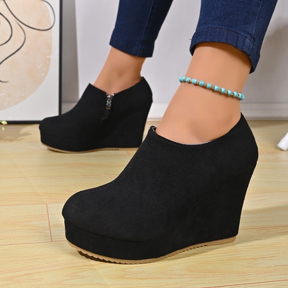 OKBOP Women's Wedge Boots Side Zip Round Toe Stability Foam Cushioning Black Stylish Women's Boots Sizes 41