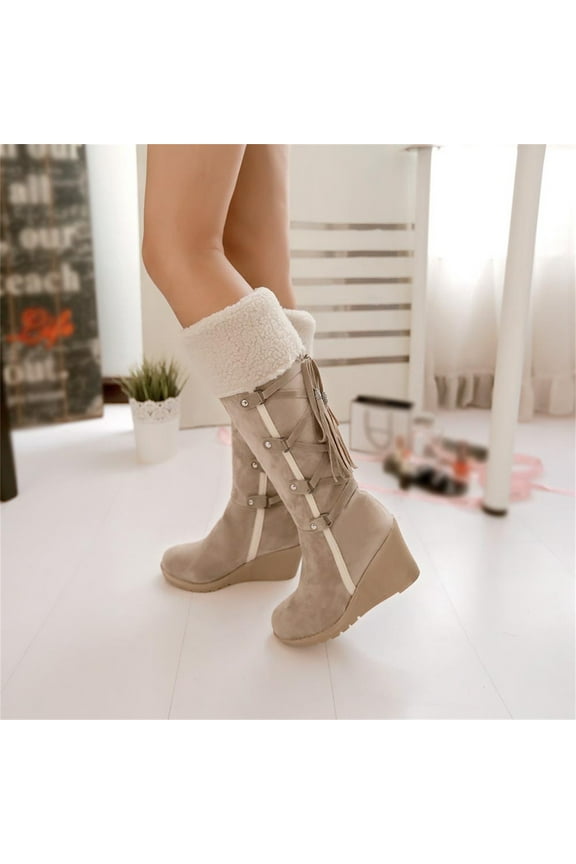 Women's Wedges Shoes-Black High Boots Winter Warm Fashion Womens Shoes Lug Sole Christmas Womens Boots