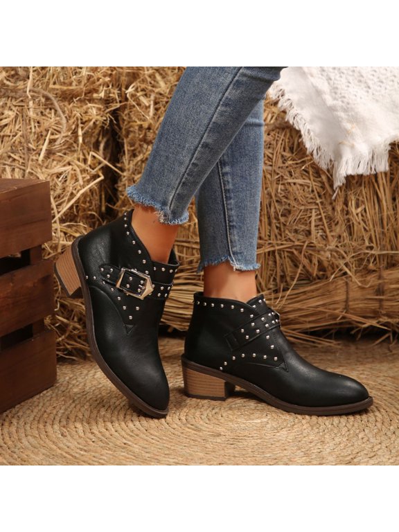 Women's Western Ankle Boots Zip-Up Stacked Mid Heel Wingtip Dressy Sizes 41