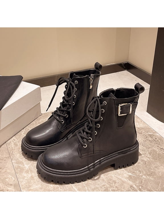 Women's Wide Width Boots Round Toe Lace-Up Stability Chunky Heel Black Stylish Women's Boots Sizes 36