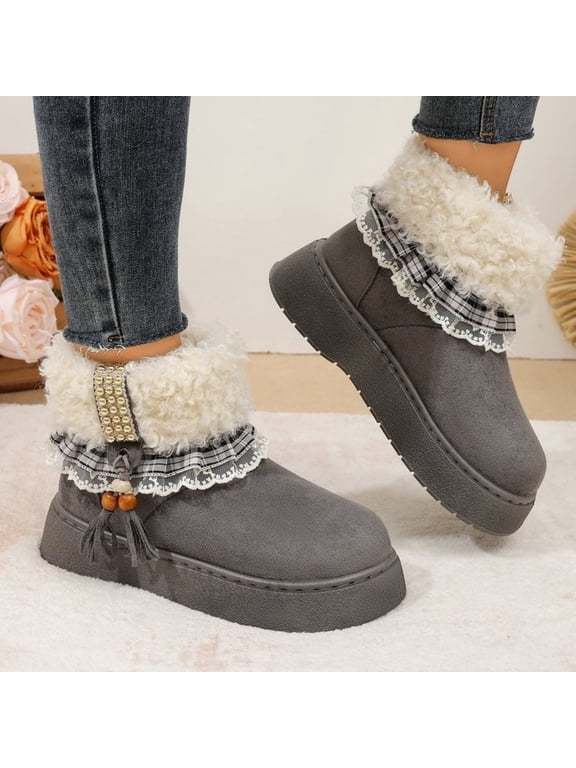 Women's Winter Boots Faux Fur Lined Ankle Snow Boots Heart Buckle Strap Suede Platform Sizes 38