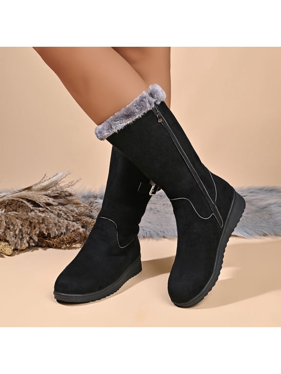 Women's Winter Boots Mid-Calf Zip-Up Faux Fur Trim Insulated Chunky Sole Warm Cozy 36