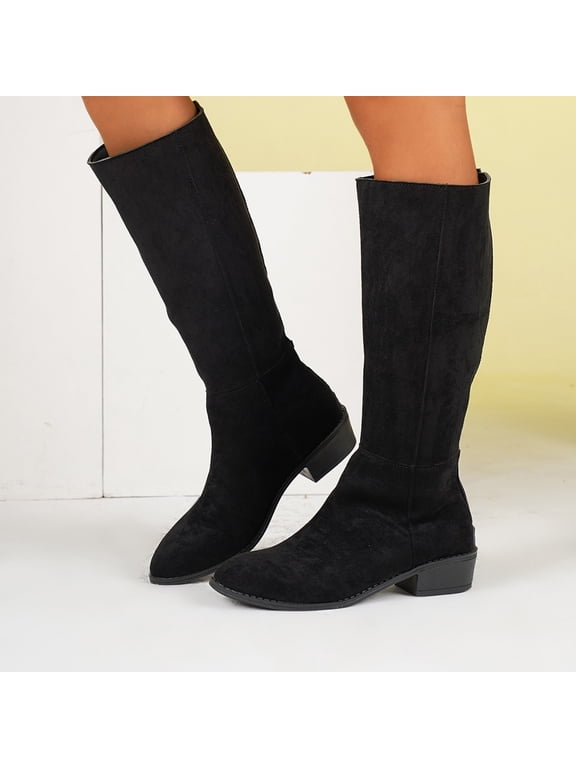 Women's knee high boots with Low Block Heel, Slouchy Faux Suede, Round Toe, Pull-On, Comfortable Fall Style All‑Day Wear Gifts for Women Black 36 Sizes