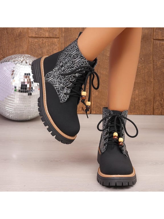 Women's leather boots with Platform Lug Sole, Snakeskin Detail, Lace-Up Round Toe, Comfortable Fall Fashion All‑Day Wear Black Gifts for Women 39 Sizes