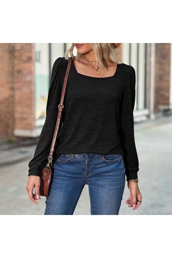 Womens Black Tops,Fashion Winter Square-Neck Puff Long Sleeve Solid Casual Shirt Red Blouses For Women Sweatshirts
