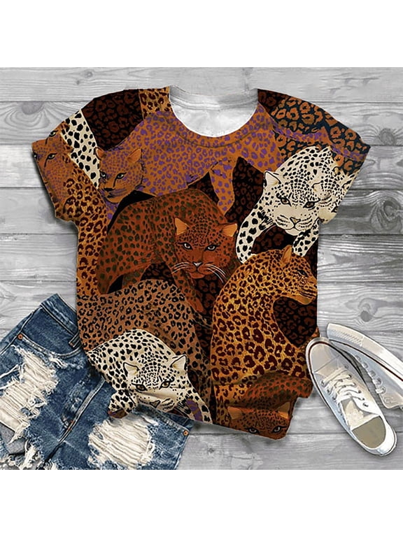 Womens Christmas Tops,Fashion Cute Leopard Print Pullover Casual Bottom Shirt Short Sleeve Sheer Button Up Blouse Crewneck Sweatshirt Women