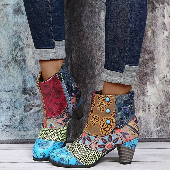 OKBOP Womens Chunky Heel Ankle Boots-Leather Booties Christmas Platform Boots for Women Chelsea Zipper Retro Winter Boots for Women Multicolor