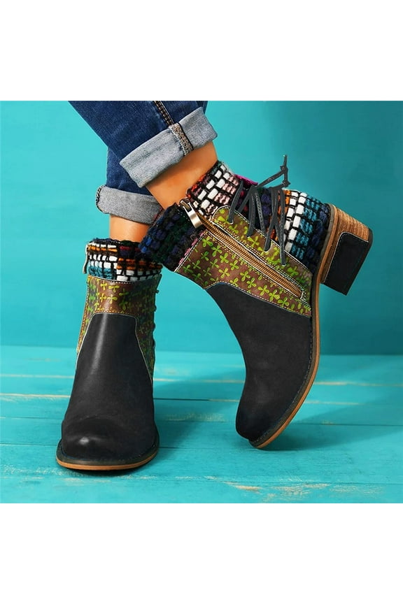 Womens Chunky Heel Ankle Boots-Womens Boots Fall 2023 Booties Chelsea Christmas Round Toe Causal Winter Boots for Women Black