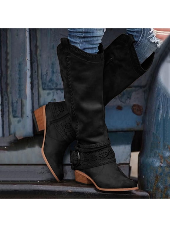 Womens Chunky Heel Knee-High Boots-Christmas Sparkly Boots for Women Fashion Winter Boots for Women Black