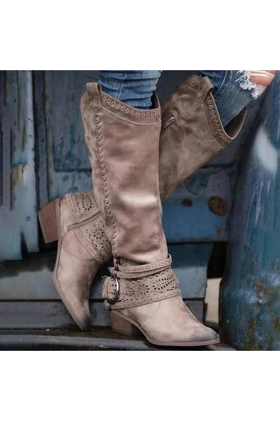 Womens Chunky Heel Knee-High Boots-Christmas Women Boots Retro Winter Boots for Women Clearance Beige