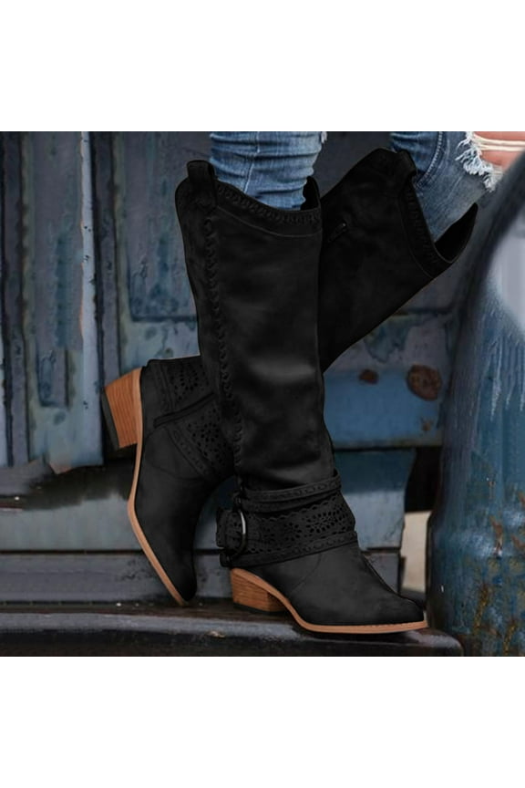 Womens Chunky Heel Knee-High Boots-Christmas Womens Duck Boots Retro Winter Boots for Women Clearance Black