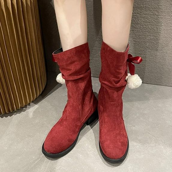 OKBOP Womens Chunky Heel Mid-Calf Boots-Christmas Snow Boots Women Snow Boots Vintage Winter Boots for Women Wine