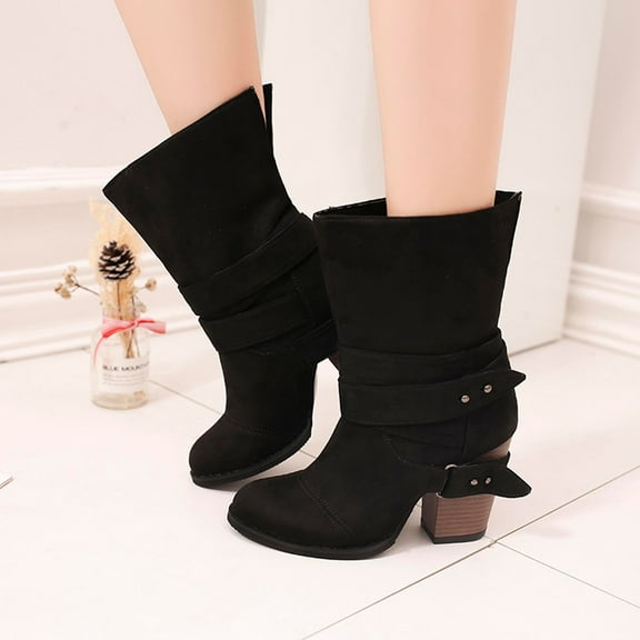 OKBOP Womens Chunky Heel Mid-Calf Boots-Christmas Waterproof Boots for Women Vintage Winter Boots for Women Black