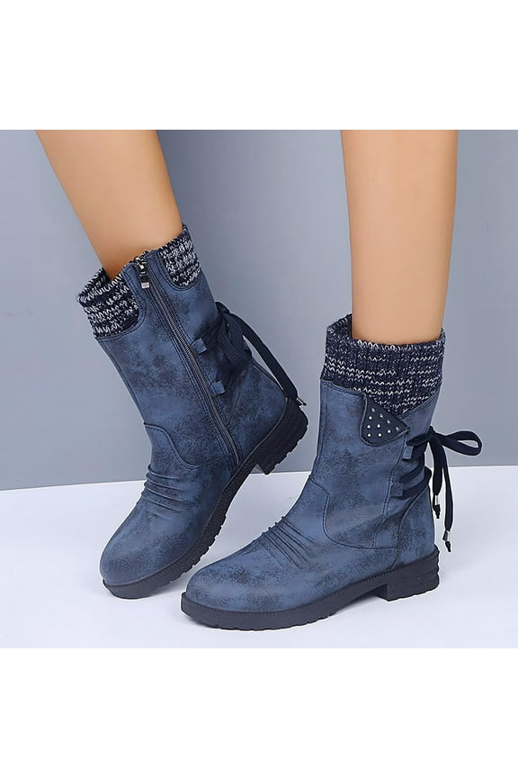 Womens Chunky Heel Mid-Calf Boots-Rainboots Boots Women Christmas Causal Winter Boots for Women Blue