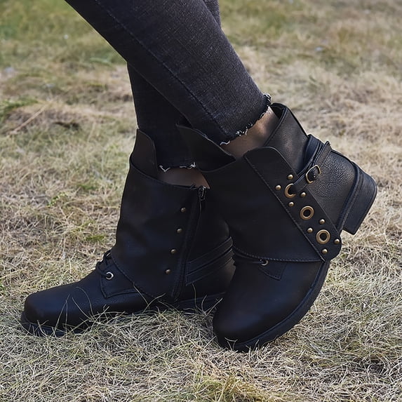 OKBOP Womens Chunky Heel Mid-Calf Boots-Zipper Womens Duck Boots Christmas Leather Vintage Winter Boots for Women Clearance Black
