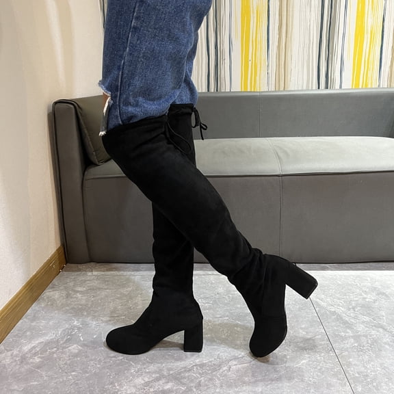 OKBOP Womens Chunky Heel Over-The-Knee Boots-Boots for Women Knee High Round Toe Christmas Thigh High Vintage Winter Boots for Women Clearance Black