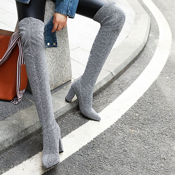 OKBOP Womens Chunky Heel Over-The-Knee Boots-Christmas Chelsea Boots Women Thigh High Fashion Winter Boots for Women Clearance Silver