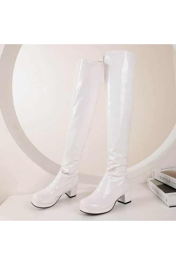 Womens Chunky Heel Over-The-Knee Boots-Christmas Girls Winter Boots Leather Thigh High Round Toe Zipper Fashion Winter Boots for Women Clearance White