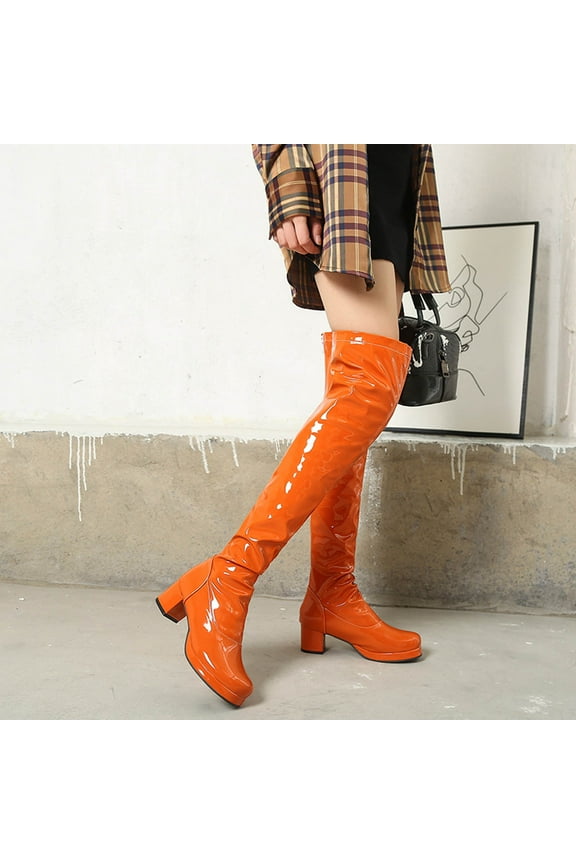 Womens Chunky Heel Over-The-Knee Boots-Leather Red Boots for Women Knee High Christmas Round Toe Zipper Thigh High Fashion Winter Boots for Women Clearance Orange