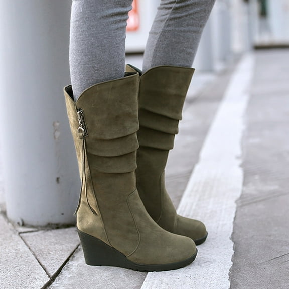 OKBOP Womens Heeled Mid-Calf Boots-Christmas Suede Zipper Work Boots for Women Causal Winter Boots for Women Army Green