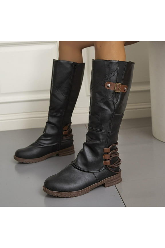 Womens Heeled Mid-Calf Boots-Christmas Womens Hunting Boots Vintage Winter Boots for Women Black