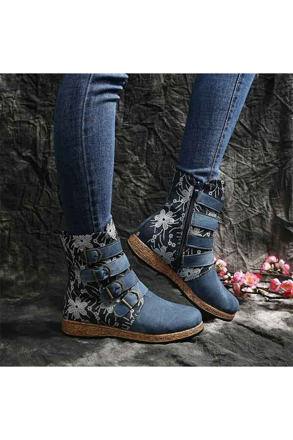 Womens Heeled Mid-Calf Boots-Leather Christmas Womens Snow Boots Vintage Winter Boots for Women Blue