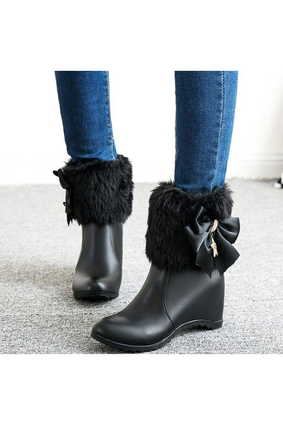 Womens Heeled Mid-Calf Boots-Leather Christmas Zipper Ladies Boots Retro Winter Boots for Women Black