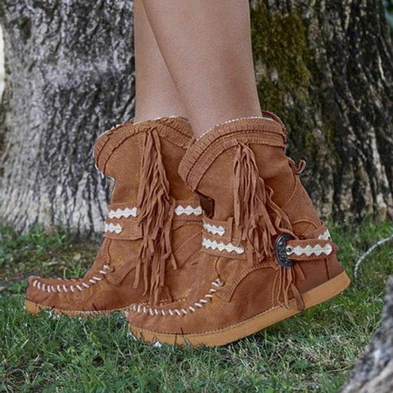 OKBOP Womens Heeled Mid-Calf Boots-Round Toe Suede Tall Cowgirl Boots Christmas Vintage Winter Boots for Women Clearance Brown