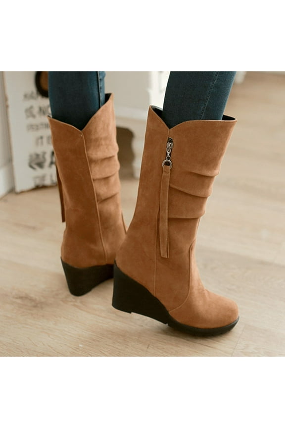 Womens Heeled Mid-Calf Boots-Suede Boots for Girls Christmas Zipper Causal Winter Boots for Women Brown