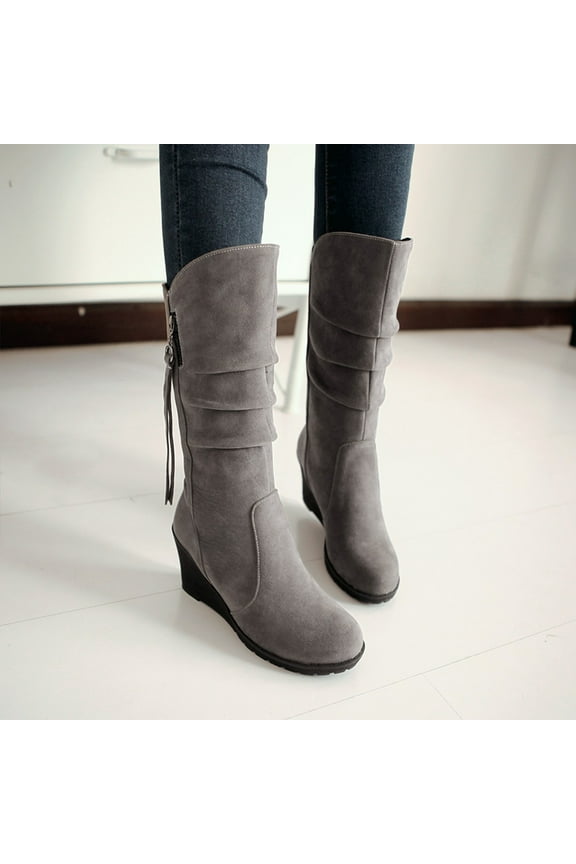 Womens Heeled Mid-Calf Boots-Suede Zipper Womens Short Boots Christmas Fashion Winter Boots for Women Gray