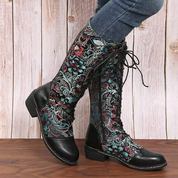 OKBOP Womens Heeled Mid-Calf Boots-Women Hiking Boots Zipper Lace-Up Christmas Vintage Winter Boots for Women Clearance Black