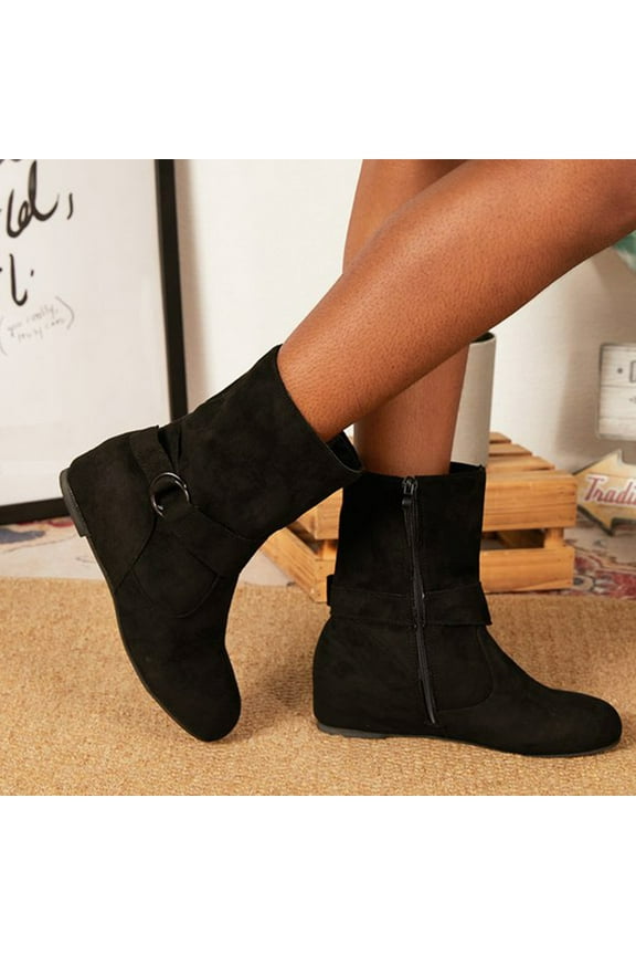 Womens Heeled Mid-Calf Boots-Zipper Christmas Round Toe Women Ankle Boots Fashion Winter Boots for Women Black