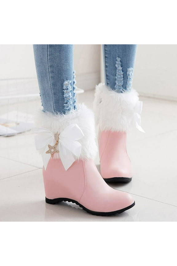 Womens Heeled Mid-Calf Boots-Zipper Leather Christmas Women Snow Boots Vintage Winter Boots for Women Pink