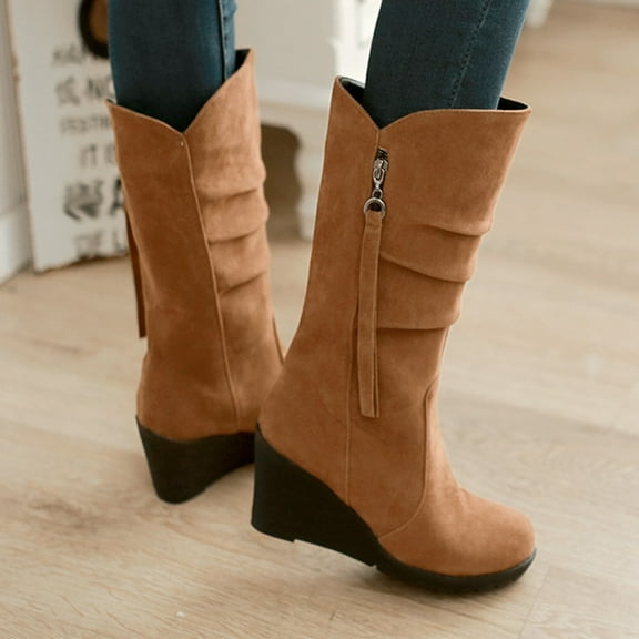 OKBOP Womens Heeled Mid-Calf Boots-Zipper Steampunk Boots Women Christmas Suede Retro Winter Boots for Women Brown