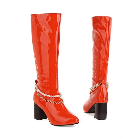 OKBOP Womens High Heels Knee-High Boots-Zipper Pirate Boots Women Christmas Vintage Winter Boots for Women Orange