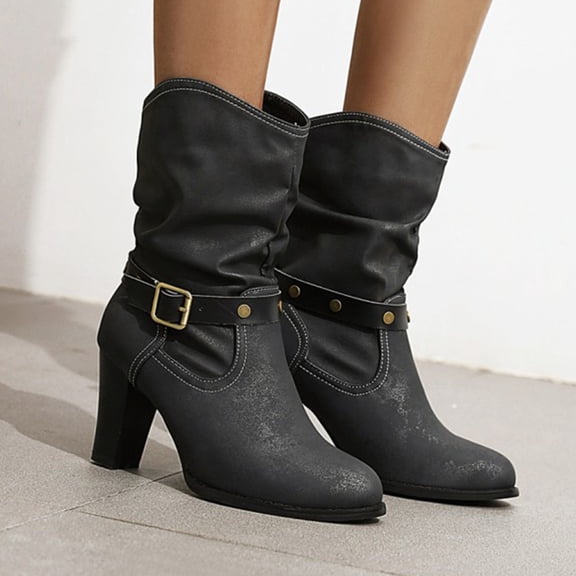 OKBOP Womens High Heels Mid-Calf Boots-Boots for Women Cowboy Style Christmas Retro Winter Boots for Women Black