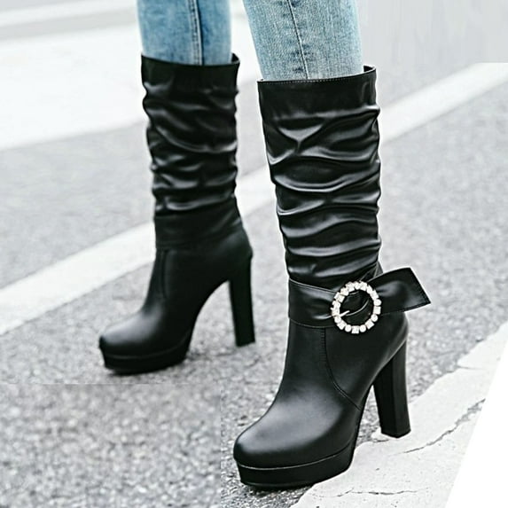 OKBOP Womens High Heels Mid-Calf Boots-Christmas Round Toe Womens Hiking Boots Waterproof Fashion Winter Boots for Women Clearance Black