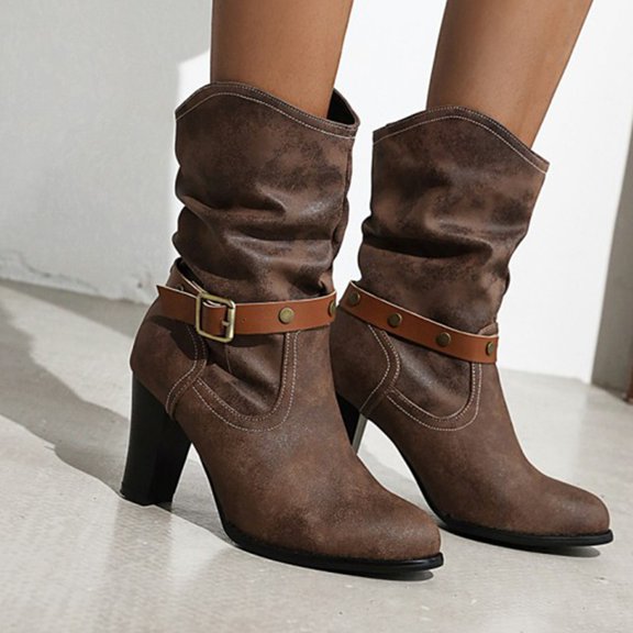 OKBOP Womens High Heels Mid-Calf Boots-Christmas Womens Hunting Boots Causal Winter Boots for Women Clearance Brown