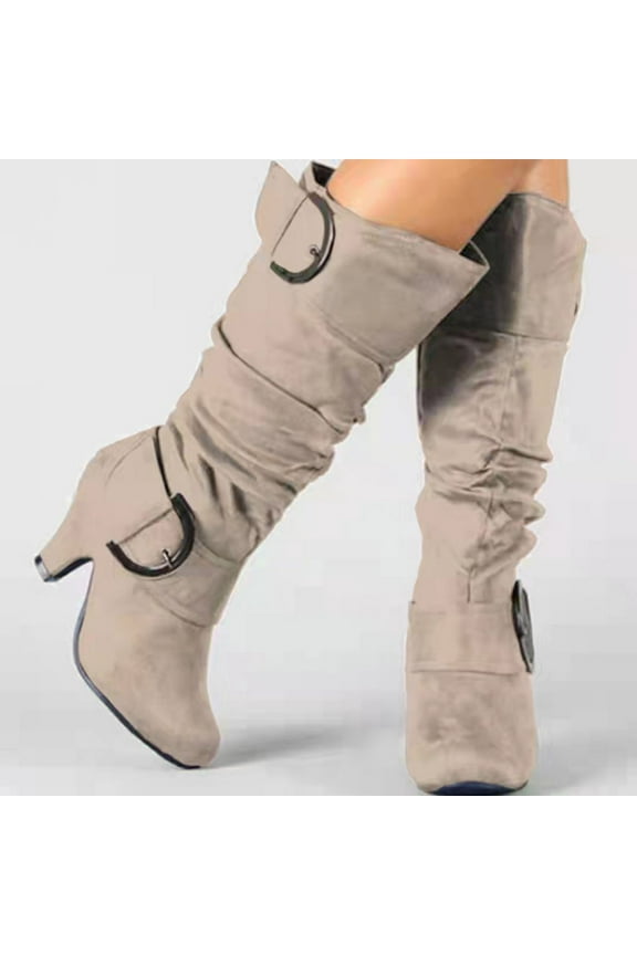 Womens High Heels Mid-Calf Boots-Suede Christmas Womens Short Boots Retro Winter Boots for Women Beige